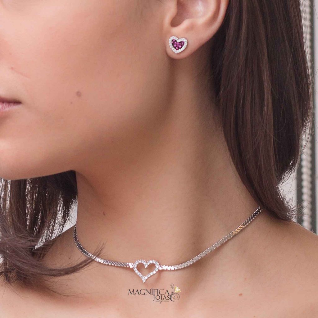 colar choker de coracao prata semijoias