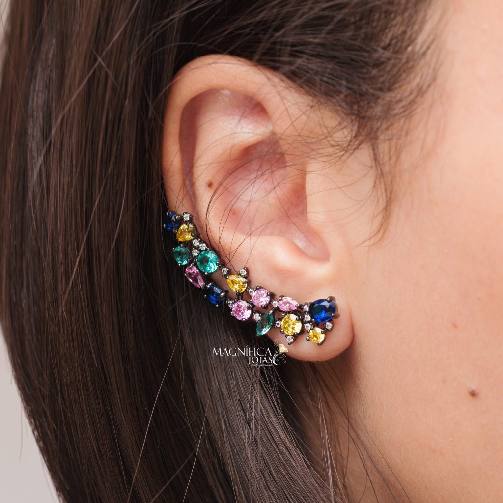 Brinco ear cuff com pedra colorida colorido semijoia magnifica  