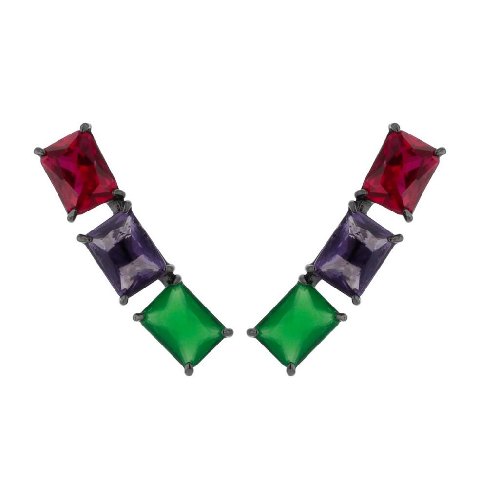 Brinco ear cuff rodio negro com pedra colorida verde roxo e vermelho semijoia magnifica joias