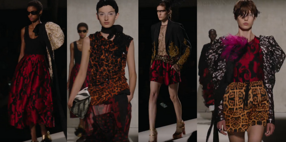 Imagem  desfile Dries Van Noten com preto e vermelho juntamente com dourado e mangas bufantes.