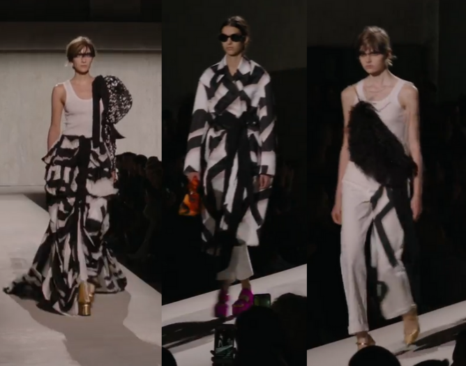 Imagem desfile Dries Van Noten com preto e branco, mangas bufantes e plumas