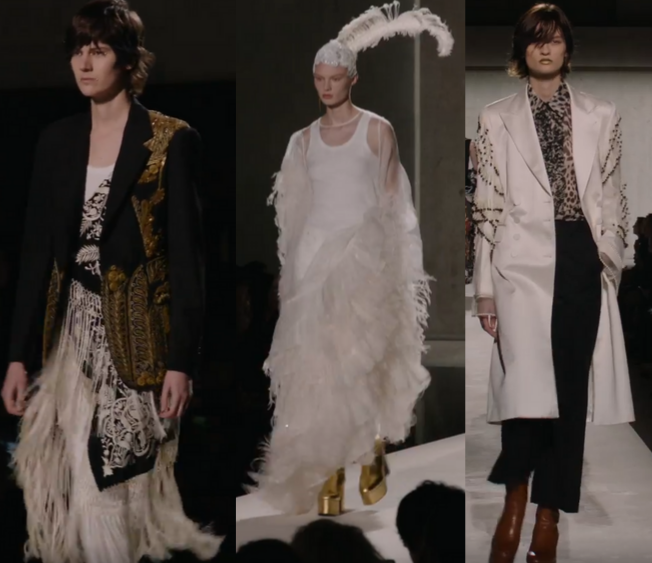 Combinação do branco com as franjas e plumas com dourado, desfile Dries Van Noten