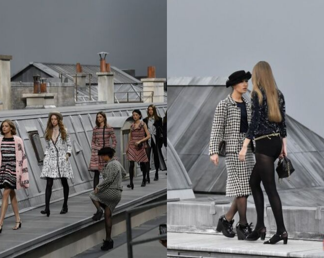 Imagem da blogueira invadindo o desfile da Chanel e Gigi Hadid intervindo