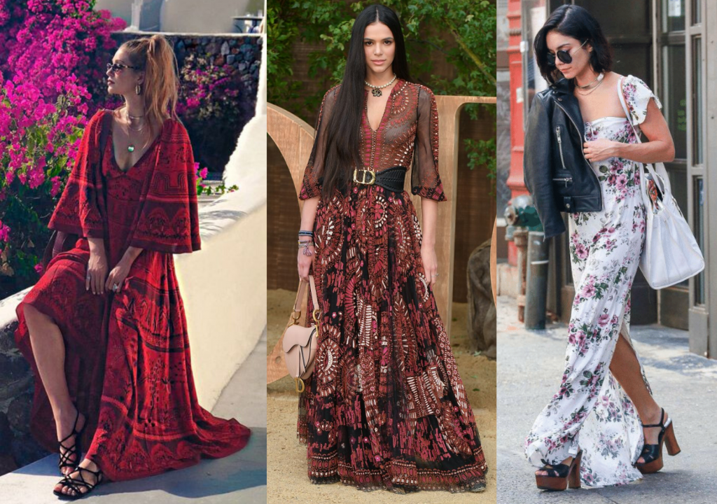 Imagem com Marina Ruy Barbosa, Bruna Marquezine e Vanessa Hudgens vestidas com looks boho chic