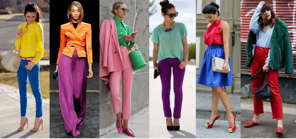 Imagem de diversos looks aplicando o color block