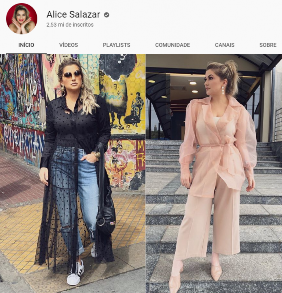 Imagem com canal da Alice Salazar no Youtube e looks da mesma no Instagram