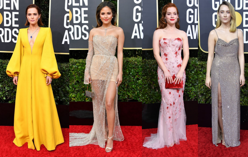 Zoey Deutch com vestido amarelo vibrante de mangas longas bufantes, Erin Lim com vestido nude transparente com glitter, Jane Levy com vestido de tecido leve na cor roda com aplicações em vermelho de bolsa de mão vermelha e Saoirse Ronan com vestido longo de fenda com glitter prateado e alcinhas 